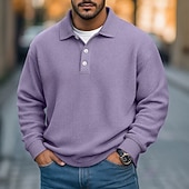 お買い得  メンズ クラシックポロ-男性用 ワッフルポロシャツ テクスチャード加工 カジュアル ストリート リブ付きポロカラー 長袖 ファッション 純色 ボタン 平織り 秋 春 &amp; 秋 ルーズフィット パープル カーキ色 ライト ダークブルー ライトブルー ワッフルポロシャツ