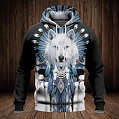 economico Hoodie Etnici Vintage-Per uomo Lupo Tribale Felpa con cappuccio Felpa Moda Etnico Vintage Retrò Manica Lunga Girocollo All'aperto Viaggio Feste Regalo Blu Marrone Coulisse Autunno Inverno progettista S M L XL XXL XXXL