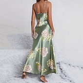 halpa Naisten haalarit-Naisten Yöpaita Vapaa-aika Pehmeä Satiini Kukka Avoin selkä Päivittäin Koti Sänky Hihaton hihnat Sininen Musta Rubiini Apila Kesä Loose Fit