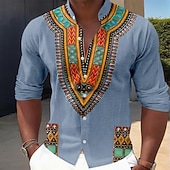 baratos Camisa Vintage-Homens Estampa Geométrica Étnico Cultura indiana Camisa Social camisa de botão Camisa de gola alta Manga Longa Vintage retrô Diário Ao ar livre Férias Primavera Outono Colarinho Mandarim Faixa