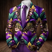 お買い得  メンズプリントブレザー-カーニバル 男性用 マスク ブレザージャケット コート ファッション 快適 高通気性 アーティスティック カジュアル パーティーイブニングウェア カジュアル 祭り ポケット 3Dプリント ボタン オールシーズン ノッチドラペル 長袖 パープル グリーン