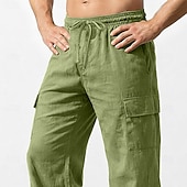 cheap Classic-Men's Cargo Pants Linen Pants Trousers Summer Pants Drawstring Elastic Waist Multi Pocket Plain Comfort Breathable Full Length Casual Daily Holiday Vacation Fashion Black White Inelastic