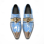 abordables Mocasines de cuero de primera calidad-Mocasines de piel patentada azul y dorada para hombre, elegantes detalles de hebilla, zapatos de vestir para negocios y eventos.