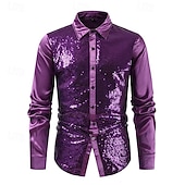 billiga herrskjorta med knäppning-Herr Skjorta Sommarskjorta Casual skjorta Strandskjorta Knapp upp skjorta Blå Purpur Långärmad Ensfärgat Kavajslag Dagligen Semester Paljett Kläder Mode Ledigt Bekväm