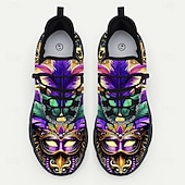 cheap Men's Shoes-Men's Mardi Gras Purple and Green Carnival Slip-On Shoes with Feather Mask Pattern – Comfortable and Stylish Footwear for Carnival, Parades and Festivals