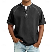 Χαμηλού Κόστους βασικά μπλουζάκια-Ανδρικά Μπλουζάκι Πουκάμισο Henley Πουκάμισο 100% Cotton Acid Wash Μπλουζάκι μπλουζάκι Κοντομάνικο Σκέτο Βίντατζ Κομψό στυλ street Καθημερινό Πλυμένο Μανίκια Ρεγκλάν Όρθιος Γιακάς Χένλι Causal