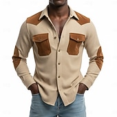 abordables Men's Casual Shirts-Men's Shirt Waffle Shirt Casual Shirt Vintage Shirt Button Up Shirt Cargo Shirt Black khaki Long Sleeve Color Block Lapel Casual Daily Patchwork Clothing Apparel Fashion Casual Vintage Retro