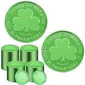 abordables Día de San Patricio-100 monedas de oro para el Día de San Patricio, monedas de la suerte de oro y verde, monedas de duende de trébol de plástico, moneda de trébol de 3 hojas para decoración de fiestas.