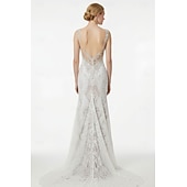  Strand Trouwen Strand Open Rug Sexy Boho Trouwen Jurken Zeemeermin V Hals Mouwloos Court Train Kanten Bruidsjurken Met Applicaties