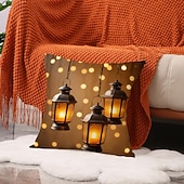 cheap Throw Pillows,Inserts &amp; Covers-Ramadan Eid Throw Pillow Cover, Gold Print Lantern &amp; Oil Lamp, Middle Eastern Festival Decor, Sofa Cushion for Living Room and Prayer Room, Seat Pillow