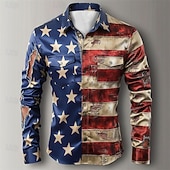  男性用 グラフィック アメリカの米国旗 7月4日 米国建国250周年 シャツ ボタンダウンシャツ カジュアルシャツ 長袖 ハワイアン カジュアル 快適 アウトドア バケーション ストリート 春 秋 折襟 ボタンアップ プリント ブルー ルビーレッド