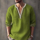 levne Etnický Vzor-Pánské Geleneksel Košile Lněná košile Dlouhý rukáv Módní Šik ven Designové Venkovní Denní Jdeme ven Jaro léto Stojáček Tisk Vodní modrá Černá + Černá Žlutá Světle zelená Světlá růžová