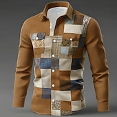 voordelige Geometrisch patroon-Voor heren Geometrisch Kleurenblok Lapwerk Overhemd Overhemd met knopen Lange mouw Mode-casual Buiten Dagelijks gebruik Lente Herfst Strijkijzer Twee zakken aan de voorkant Linnenachtig shirt blauw