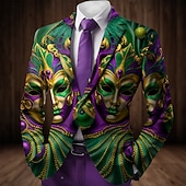 お買い得  メンズプリントブレザー-カーニバル 男性用 マスク ブレザージャケット コート ファッション 快適 高通気性 アーティスティック カジュアル パーティーイブニングウェア カジュアル 祭り ポケット 3Dプリント ボタン オールシーズン ノッチドラペル 長袖 パープル グリーン