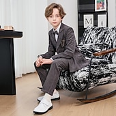abordables Trajes y Atuendos de Portador de Anillos-Traje de portador de anillos de 5 piezas, blazer para niños &amp; pantalones  &amp;camisas &amp;Traje formal para niño, estilo casual, para exteriores, para fiestas, a la moda, básico, color liso, con bolsillos y