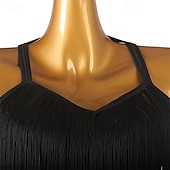 baratos vestido de competição-preto feminino &amp;Vestido de dança latina com franjas douradas - decote halter bicolor para rumba, salsa, cha-cha e dança de salão.