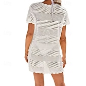 preiswerte Strandkleider-Damen Badeanzug Überwurf Bademode Ausschnitt Gehäkelt Urlaub Strandbekleidung Einfach Rundhals Kurze Ärmel Badeanzüge