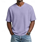 cheap Waffle Knit Tee-Men's Waffle T-shirt T Shirt Short Sleeve Shirt Tee Top Short Sleeve V Neck Summer Spring Solid Color Vintage Streetwear Stylish Raglan Sleeves Daily Outdoor Vacation Blue Army Green Dark Blue Top