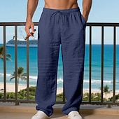 cheap Holiday-Men's Linen Pants Trousers Summer Pants Baggy Pants Beach Pants Drawstring Elastic Waist Solid Color Comfort Breathable Daily Outdoor Beach Vacation Fashion Light Khaki Black Inelastic