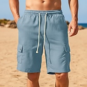 preiswerte Urlaub-Herren Shorts Leinenshorts Sommershorts Strandshorts Kordelzug Elastischer Bund Einfach Komfort Atmungsaktiv Knielang Täglich Outdoor Strand Urlaub Mode Blau Schwarz Unelastisch