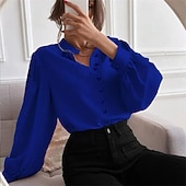 Недорогие Нарядные блузки-Жен. Рубашка Elegant Атласный верх Блуза Рюши Пэчворк Пуговицы Сплошной цвет Полотняное плетение Элегантный стиль Винтаж Повседневные Длинный рукав Рубашечный воротник Обычные топы