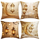 cheap Throw Pillows,Inserts &amp; Covers-Ramadan Eid Throw Pillow Cover, Gold Crescent Moon &amp; Oil Lamp Print, Ethnic Festival Decor, Sofa Cushion for Living Room and Prayer Room, Holiday Accent Pillow