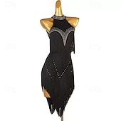 Χαμηλού Κόστους αγωνιστικό φόρεμα-Κομψό μαύρο γυναικείο φόρεμα λάτιν χορού - ψεύτικο ντεκολτέ με τιράντες και λεπτομέρειες από στρας, κρόσσια &amp;ασύμμετρο στρίφωμα rumba salsa cha-cha φόρεμα