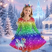 billiga Enhörningsklänning i 3D-Flickor 3D Grafisk Anime Klänning Långärmad 3D-tryck Vår Höst Prestanda Semester Fest Ledigt Prinsessa Skön Barn 4-12 år Vardagsklänning A linjeklänning Knälång Normal