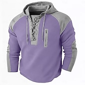 cheap Waffle Knit Tee-Men's Waffle T-shirt T Shirt Waffle Henley Shirt Long Sleeve Hooded Lace Up Neck Fall Solid Color Textured Traditional / Vintage Drawstring Casual Home Outdoor Light Blue Wine Black Top Tee for Men