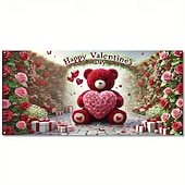 billige Garasjeportdeksler-Garasjeportdeksel til valentinsdag, 2D-flattrykk av rød bjørn som holder roser og hjerte, rosevegg, hvit gaveeske med rødt bånd, perfekt juledekor til garasje, butikklokale eller hjem