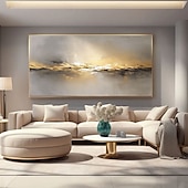 baratos Pinturas a Óleo-Pintura abstrata dourada de um lago, pintada à mão sobre tela, paisagem metálica moderna com textura, arte de parede para sala de estar em tons neutros de cinza e bege, decoração de luxo.