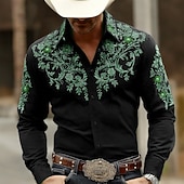 cheap Men's Western Shirts-Men's Paisley Floral Print Ethnic Shirt Western Shirt Cowboy Shirt Long Sleeve Vintage Retro Casual Outdoor WorkWear Spring Fall Turndown 3D Print Button Up Shirts Black+ Khaki Black / Green Black