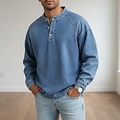 billiga grundläggande t-shirts-SoftFade™ Herrs T Skjorta Henley Skjorta Denim Skjorta 100% Bomull Syra Tvättad Skjorta Tee Topp Lång Ärmd Enkel Vintage Streetwear Avslappnad Färgad Tvättad Raglanärmar Stående Krage Henley Sport