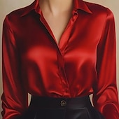 preiswerte Schicke Blusen-Damen Hemd Elegant Satin-Top Bluse Gerafft Patchwork Knöpfe Einfarbig Einfach Elegant Vintage Täglich Langarm Rundhalsausschnitt Normale Oberteile Täglich Arbeit Ferien Blau Wein Rote Aprikose Herbst