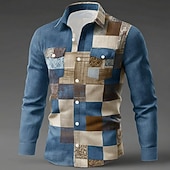 voordelige Geometrisch patroon-Voor heren Geometrisch Kleurenblok Lapwerk Overhemd Overhemd met knopen Lange mouw Mode-casual Buiten Dagelijks gebruik Lente Herfst Strijkijzer Twee zakken aan de voorkant Linnenachtig shirt blauw