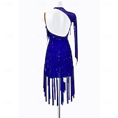 cheap Competition Dress-Women's Royal Blue Rhinestone Fringe Latin Dance Dress - One Long Sleeve Asymmetrical Ballroom Performance Costume
