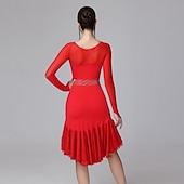 cheap Competition Dress-Women's Black Rhinestone Latin Dance Dress - Long Sleeve Mesh Ruffled Asymmetrical Ballroom Performance Dress