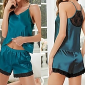 tanie Jednoczęściowe piżamy (kombinezony) damskie-Damskie Odzież domowa Zestawy piżamowe Moda Codzienny Miękkie Czyste kolory Koronka Niejednolita całość Elastyczny pas Krótkie spodnie Dom Urlop Bez rękawów W serek Błękit jeziora Czarny Biały Wino