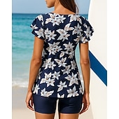 economico Surfing Tankinis &amp; Bikinis-Per donna Costume da bagno 2 pezzi Costumi da bagno Floreale Scollo a V Manica svasata Protezione UV Elastico Manica Corta Costume da Bagno Surf Spiaggia Nuoto Estate