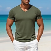 baratos Camisetas de Algodão e Linho-Homens Camiseta Camisas antiumidade Manga Curta Decote V Verão Primavera Tecido Esportes Básico Casual Estilo Clássico Puro Casual Branco Azul Claro Preto Top Tee para Homens