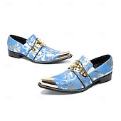abordables Mocasines de cuero de primera calidad-Mocasines de piel patentada azul y dorada para hombre, elegantes detalles de hebilla, zapatos de vestir para negocios y eventos.