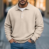 お買い得  メンズ クラシックポロ-男性用 ワッフルポロシャツ テクスチャード加工 カジュアル ストリート リブ付きポロカラー 長袖 ファッション 純色 ボタン 平織り 秋 春 &amp; 秋 ルーズフィット パープル カーキ色 ライト ダークブルー ライトブルー ワッフルポロシャツ