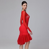 cheap Competition Dress-Women's Black Rhinestone Latin Dance Dress - Long Sleeve Mesh Ruffled Asymmetrical Ballroom Performance Dress