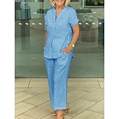 preiswerte Wesentliche Faux Co-ord Sets-Damen Kunstbaumwollleinen Kurzarm V Ausschnitt Einfach Mode Streetwear Täglich Lässig Täglich Blau Marineblau Purpur Sommer Normale Passform