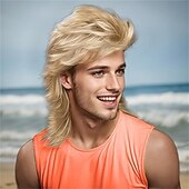ieftine Peruci istorice-Peruci blond cenușiu pentru bărbați, costum, peruci amuzante din anii '80, perucă sintetică rezistentă la căldură, pentru cosplay de petrecere elegantă din anii '70
