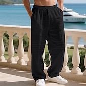 cheap Holiday-Men's Linen Pants Trousers Summer Pants Baggy Pants Beach Pants Drawstring Elastic Waist Solid Color Comfort Breathable Daily Outdoor Beach Vacation Fashion Light Khaki Black Inelastic