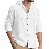 cheap Classic-Men's Shirt Linen Shirt Summer Shirt Beach Wear Hooded Shirt Solid Color Vacation Street Black White Yellow Navy Blue Long Sleeve Shirt Collar Summer Spring Clothing Apparel Pocket