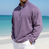 economico T-shirt in Cotone e Lino-Per uomo Camicia 100% cotone lavaggio acido Maglietta Manica Lunga Collo alla coreana Autunno &amp; Inverno Primavera Autunno Semplice Vintage Streetwear Casual Con zip Tinto in capo Sbiadito Casuale