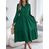 cheap Plain Dress-Women's Midi Dress A Line Dress Casual Daily Regular Fit Plain Long Sleeve Lapel Blue Navy Wine Green Spring