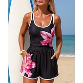 cheap One Pieces Rash Guards-Women's Floral Print Swimsuit One Pieces High Waisted Ruched Swimsuit Solid Colored Elastic Sleeveless Swimwear Surfing Snorkeling Swimming Summer